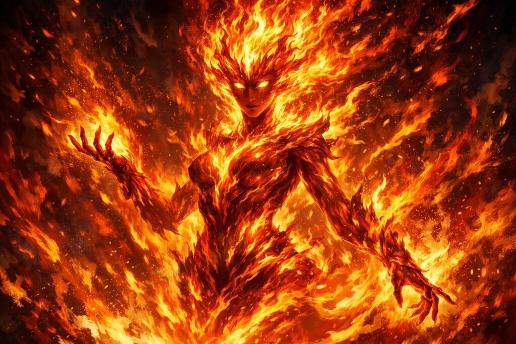 A dazzling fire elemental, its flames flickering in vibrant hues of red, orange, and yellow, exuding an aura of raw power and primal beauty.