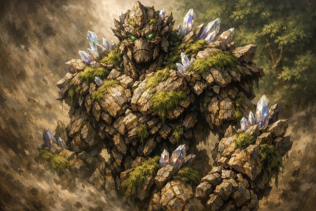 An earth elemental stands tall, its rocky exterior adorned with shimmering crystals and moss-covered  elementals