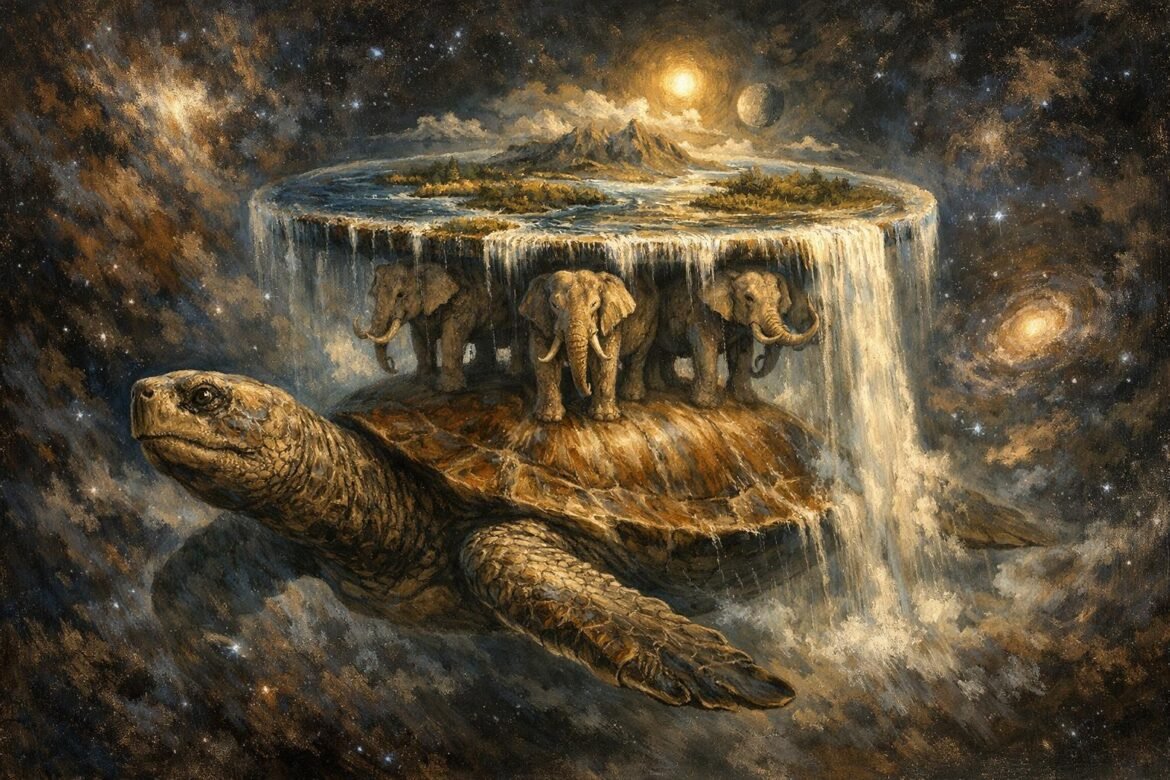 Great A'Tuin the World Turtle swimming through space carrying the Discworld