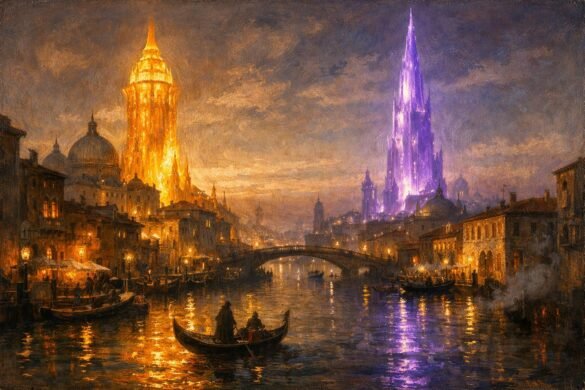 A mesmerizing oil painting of Camorr's Elderglass towers glowing with Falselight at twilight