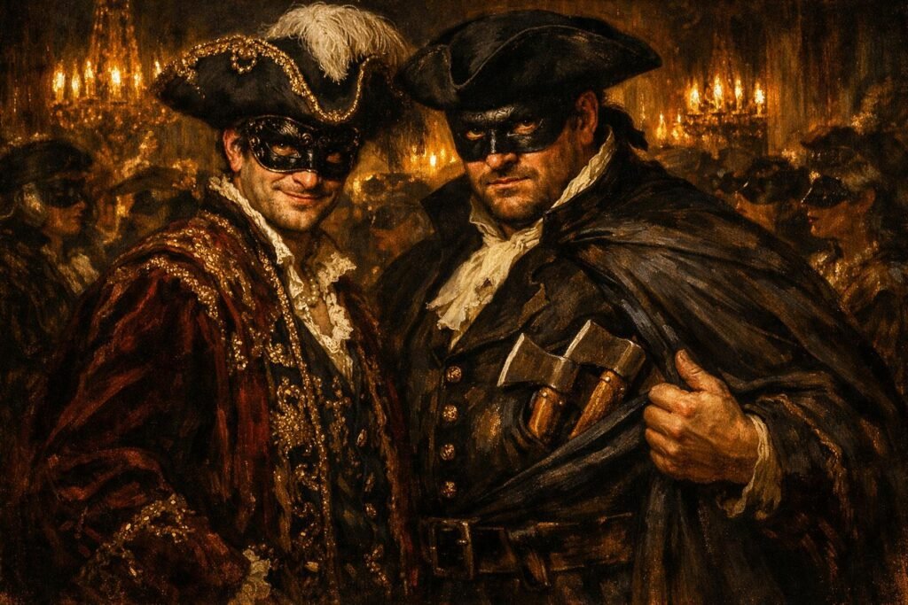 Detailed character portrait of Locke Lamora and Jean Tannen in disguise at a masquerade.
