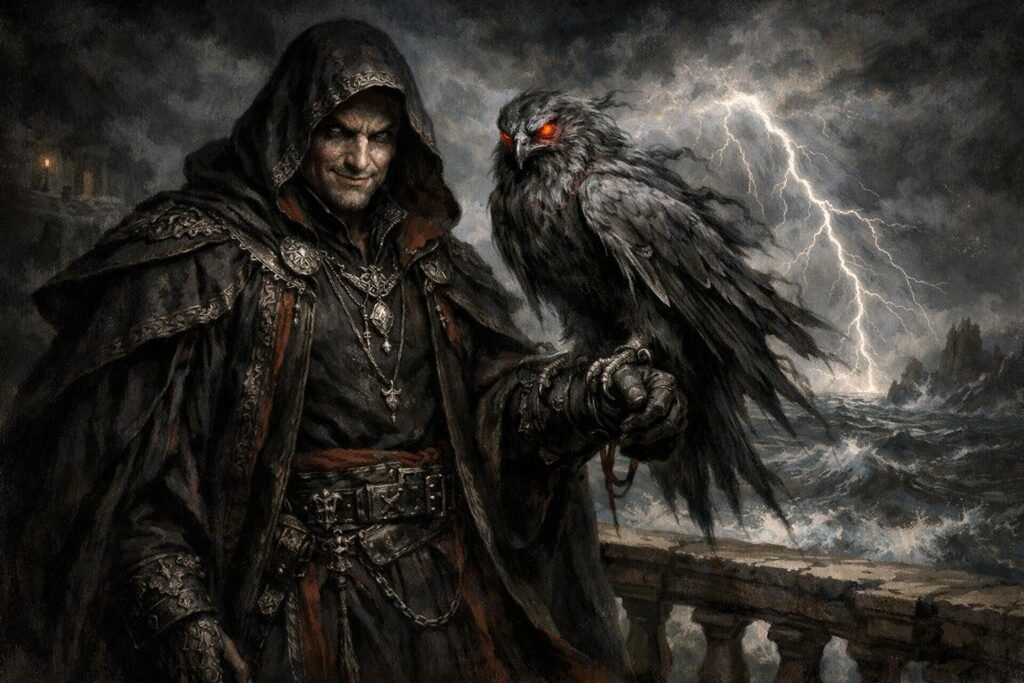 The ominous Bondsmage, The Falconer, with his spirit hawk