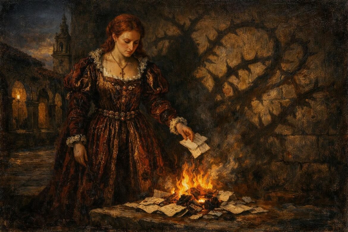 Maria from Bury Our Bones in the Midnight Soil burning her past in 1532 Spain, Gothic oil painting style