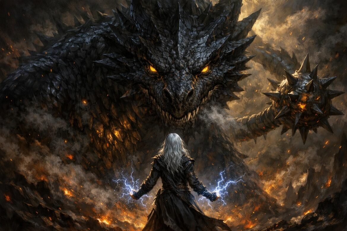 Tairn, the black dragon, bonding with Violet Sorrengail, showcasing the size difference and lightning signet magic.