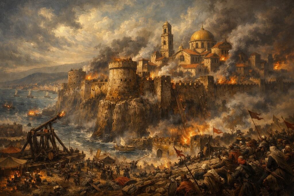 Siege of Dagoska fortress city cliffside battle scene First Law fantasy landscape.