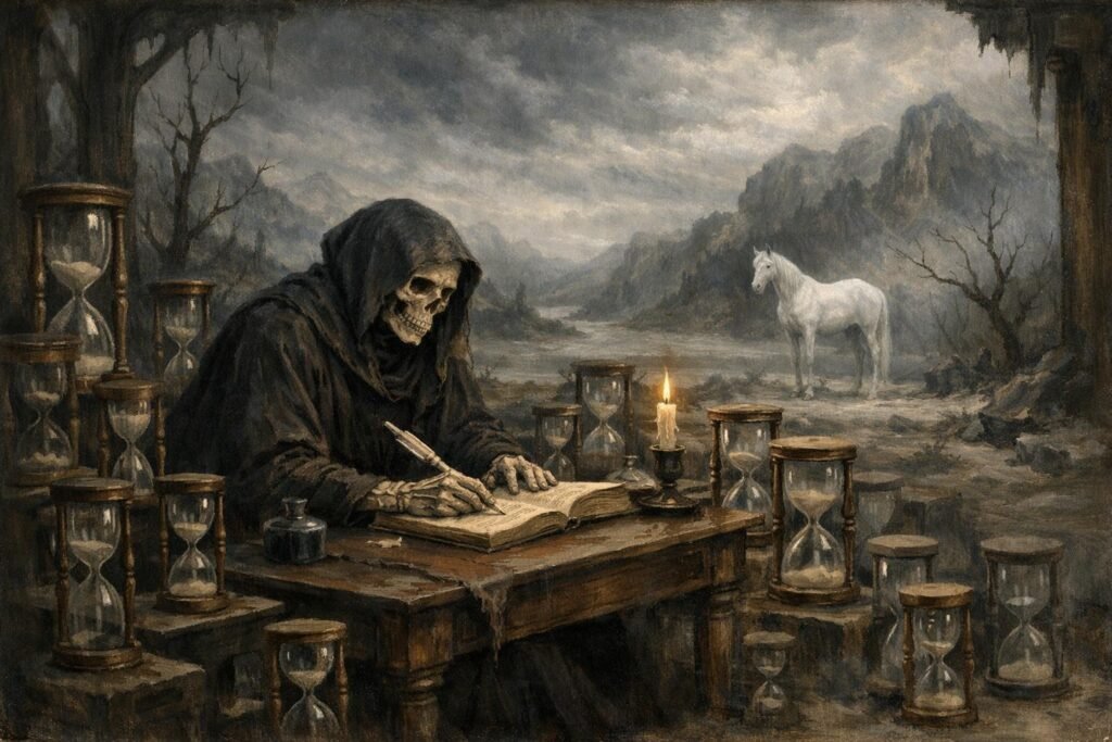 Death from Discworld sitting in his study with lifetimers