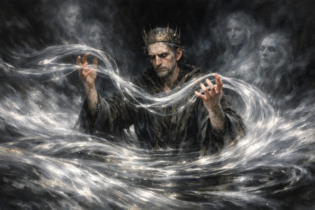 King Verity Farseer using the Skill magic, depicted as a river of liquid silver, representing the cost of magic in the Farseer Trilogy.