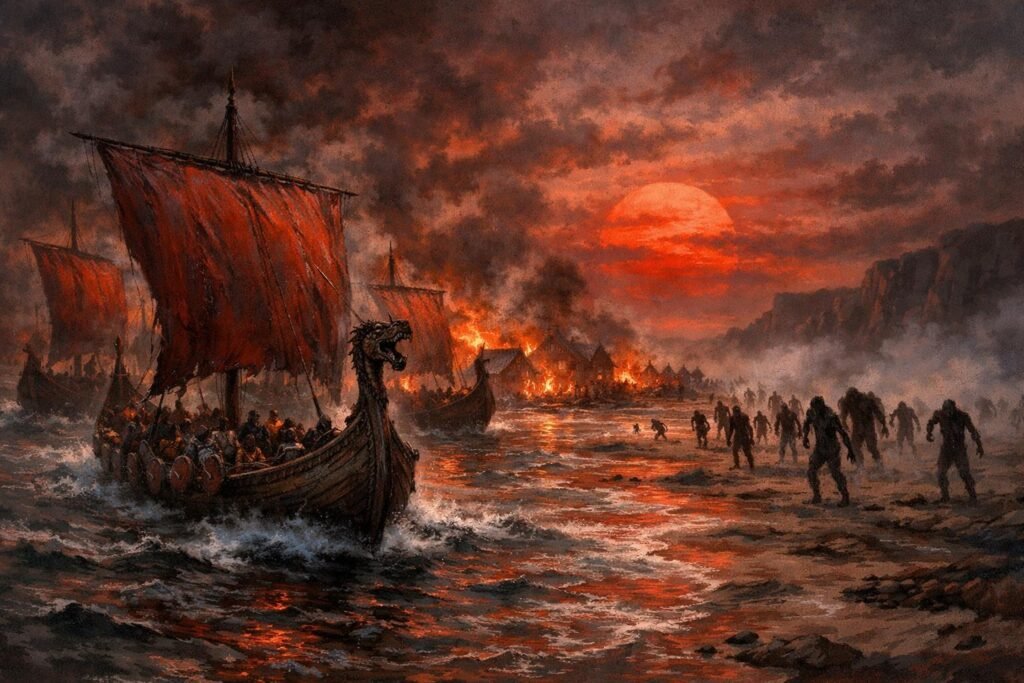 Red Ship Raiders attacking a Six Duchies coastal village, featuring red sails and burning buildings, inspired by the Farseer Trilogy