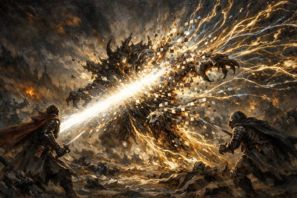 A bar of white Balefire erasing a monster and causing reality to unravel in The Wheel of Time