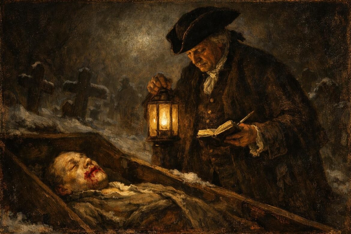 Imperial Provisor Frombald investigating Peter Plogojowitz vampire grave 1725 painting.