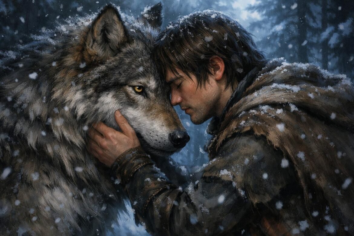 FitzChivalry Farseer and Nighteyes the wolf sharing a Wit bond moment in a snowy forest, Robin Hobb fan art style.