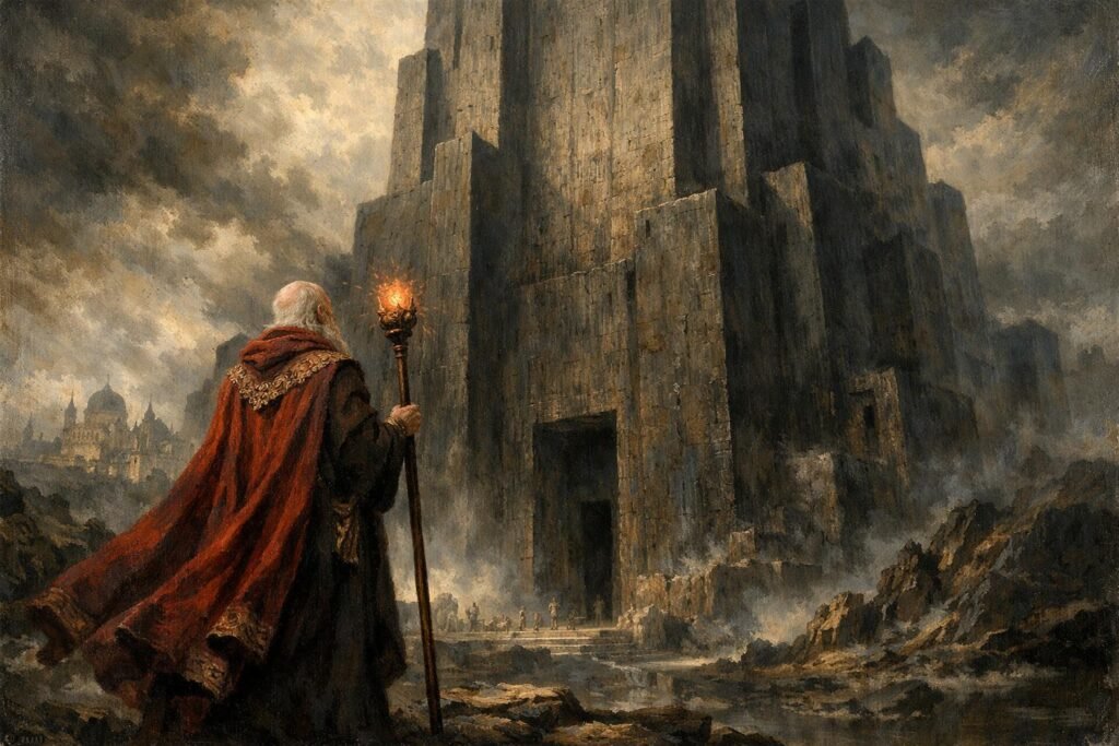 Bayaz First of the Magi standing in front of the House of the Maker in Adua fantasy concept art