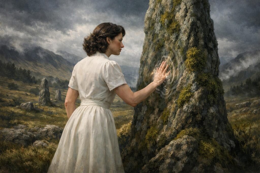  Claire Fraser touching the buzzing standing stones at Craigh na Dun in the Scottish Highlands