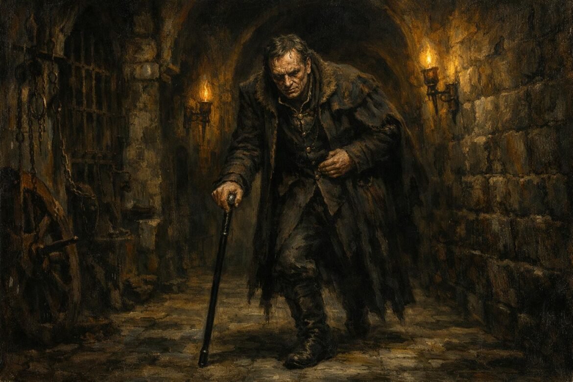 Sand dan Glokta Inquisitor from The First Law trilogy walking in a dungeon grimdark fantasy art.