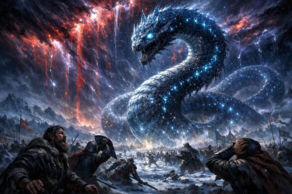 Resurrection of Snaka the Serpent God, The Fury of the Gods fan art, giant serpent constellation monster fantasy art.