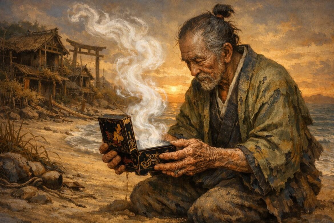 Urashima Taro aging rapidly as he opens the magical box on a beach, symbolizing entropy