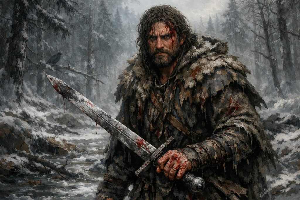 Logen Ninefingers The Bloody Nine barbarian warrior in snowy forest First Law character art.