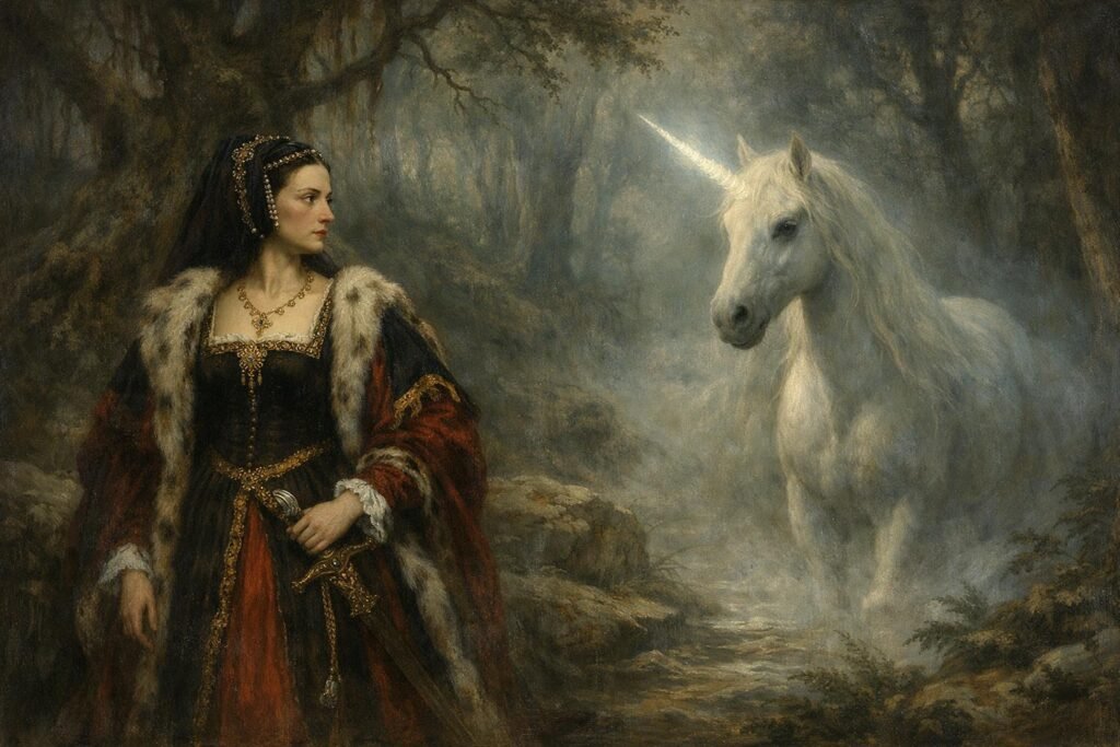 Anne of Brittany encountering a unicorn in the misty forest of Brocéliande