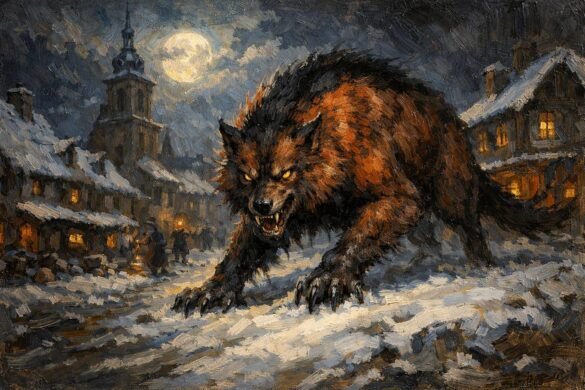 Historical painting of the Beast of Gévaudan stalking a French village in winter